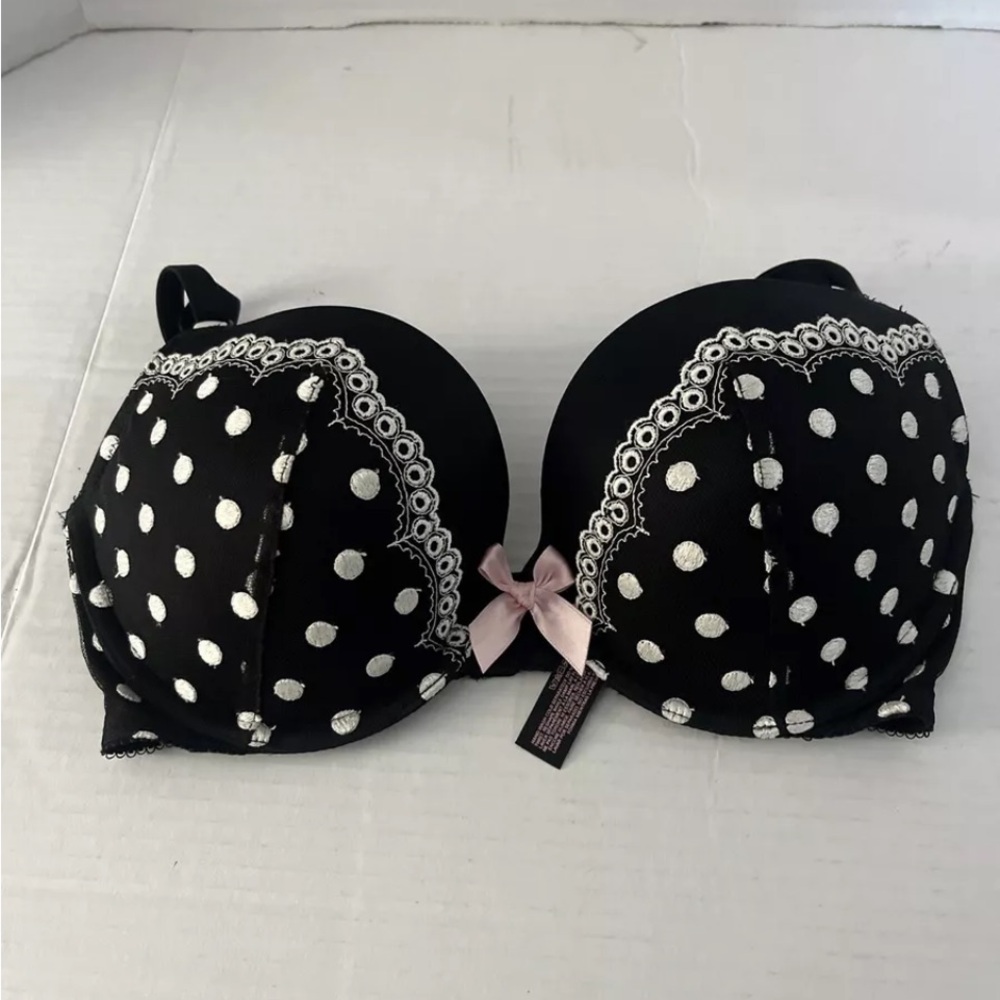 Victoria Secret Satin Polka Dot Lace Trim Push Up Bra Black White Pink  Sz 32DD